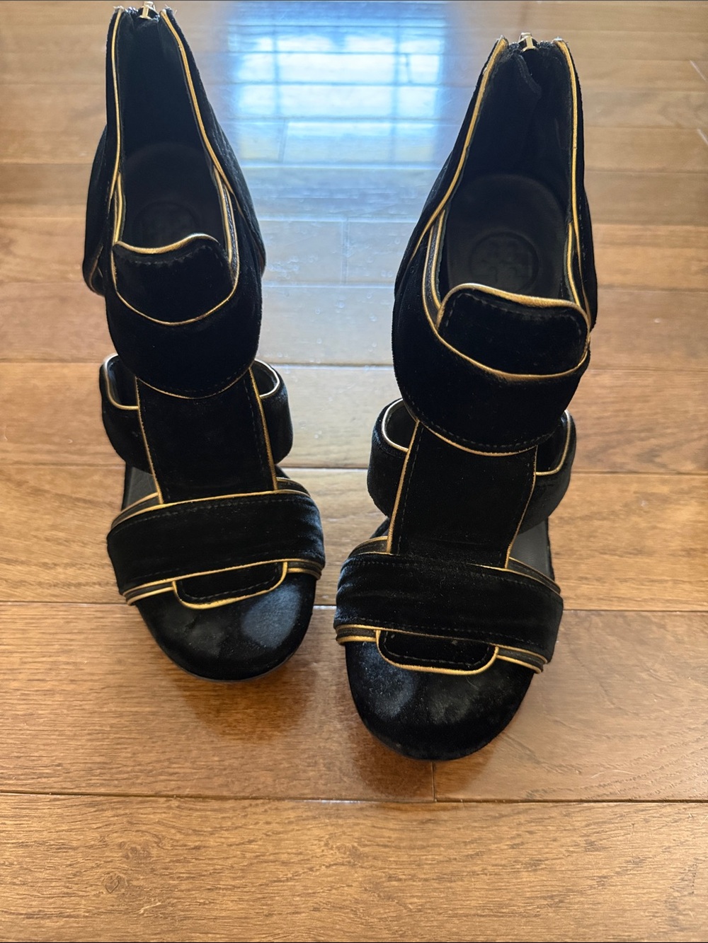 Tory Burch Black Platform Velvet Heels with Gold Piping